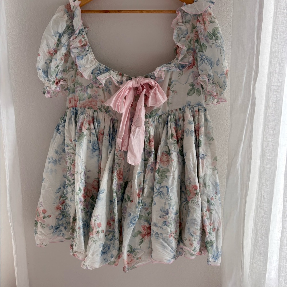 Selkie Floral Mini Dress with Pink Bow - Picture 5 of 6
